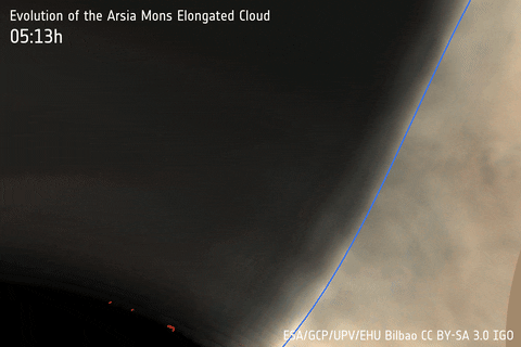 Jak vzniká a vyvíjí se protáhlý mrak u sopky Arsia Mons pohledem kamery VMC.