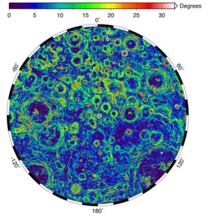 Mapa sklonu svahů u jižního pólu Měsíce.