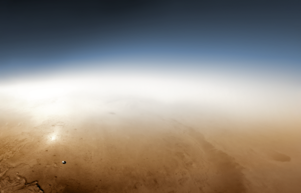 Sol 0, přistávací manévr. Pohled z Lander Vision kamery narovnaný a obarvený Kevinem M. Gillem. Foto: NASA/JPL-Caltech