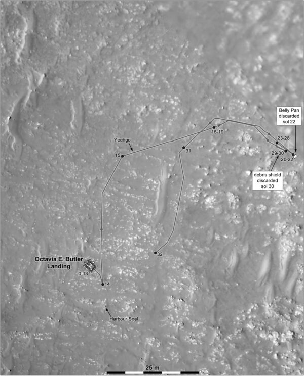 Sol 32, mapa dosavadních míst navštívěných Perseverance včetně pozice odhozených krytů vpravo nahoře a názvů vybraných kamenů. Zdroj: NASA/JPL-Caltech/MSSS/Phil Stooke
