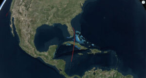 Vizualizace manévru, který provádí Falcon 9, když letí z Floridy na polární dráhu.