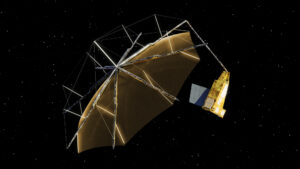 Umělecká představa družice Biomass s rozloženou anténou o průměru 12 metrů.