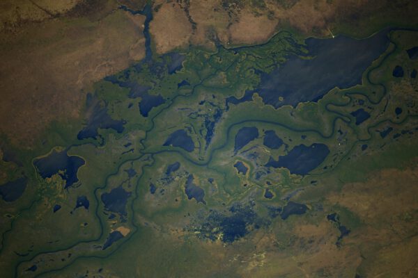 Ve východní Africe poušť přechází v údolí řek docela rychle (alespoň na vesmírné stanici :)). Kanály protínají vegetaci, která, jak se zdá, pokrývá i řeku. Nevím, jestli je to dílo lidí nebo přírody, ale výsledek je velkolepý. Modrá barva Bílého Nilu a zelená z břehů jsou v těchto zeměpisných šířkách docela běžné, ale kontrastují s okrovými pouštními oblastmi, které jsou jen o něco dále na sever. Zdroj: flickr.com