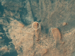 Snímek vozítka Curiosity pořízený sondou MRO (Mars Reconnaissance Orbiter) v dubnu 2021 z výšky 270 km