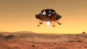 Výtvarná představa přistání čínského přistávacího modulu na Marsu