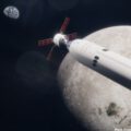 Vizualizace lodi Orion a lunárního landeru Starship při misi Artemis