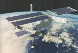 Kresba první fáze výstavby ISS: zvláště ruský segment měl hrát v projektu mnohem větší roli