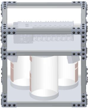 Diagram zobrazující tři nádrže, kamery a elektronickou jednotku pro měření hmotnosti pohonných látek v mikrogravitaci.