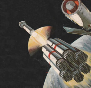 Kresba nám dává představu o tom, jak měly svazky pohonných jednotek společnosti OTRAG vytvářet libovolné nosnosti raket