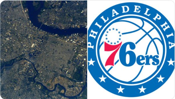 Philadelphia z ISS a logo týmu NBA Philadelphia 76ers (krátce Sixers). Zdroj: twitter.com