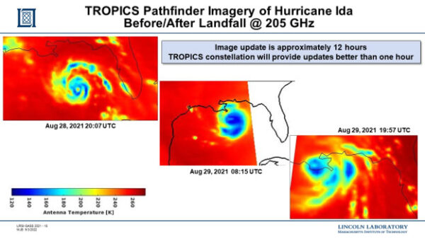 Snímky hurikánu Ida pořízené CubeSatem TROPICS Pathfinder v rozestupu cca 12 hodin.