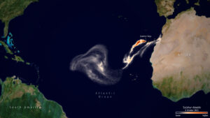 Emise oxidu siřičitého z erupce sopky Cumbre Vieja. Snímek pořídila 6. října evropská družice Sentinel-5P.