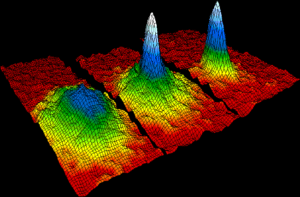 Slavná vizualizace Boseho–Einsteinova kondenzátu tvořeného atomy rubidia. Vlevo těsně před vznikem BEC, uprostřed těsně po vzniku BEC, vpravo čistý kondenzát po odpaření dalších atomů z pasti.