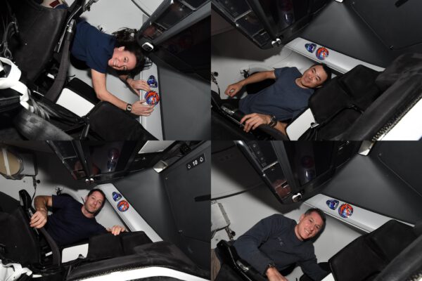 Crew Dragon, kabina Endeavour, už navštívil ISS podruhé. Při testovacím demonstračním letu dovezl posádku Bob Behnken a Doug Hurley. Podruhé dovezl posádku Crrew-2 (manželku Boba - Megan McArthur, Shanea Kimbrougha, Thomase Pesqueta a Akihiko Hošide). Posádku jsme v uvedeném pořadí měli možnost vidět u nálepky mise uvnitř kabiny Endeavouru. Zdroj: flickr.com
