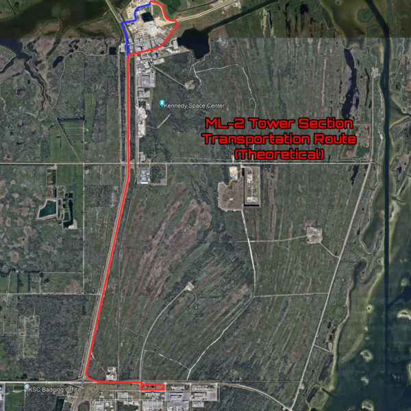 Pravděpodobná přepravní trasa segmentů věže ML-2 z nového montážního místa k hale VAB