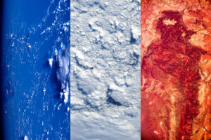 Francouzská vlajka vytvořená ze tří snímků různých míst Země. Zdroj: flickr.com