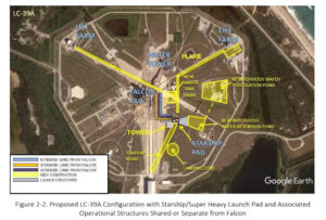 Snímek startovního komplexu 39A z environmentálního hodnocení NASA z roku 2019 podle návrhu SpaceX na přidání infrastruktury startovní rampy pro Starship