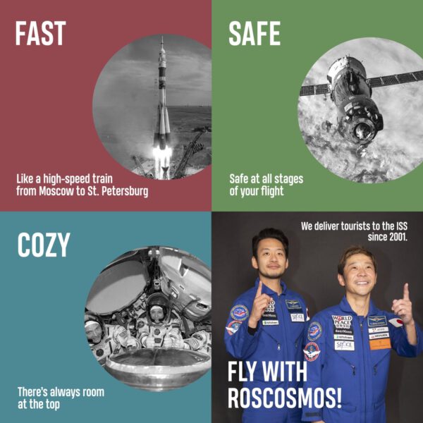 Tato koláž obrázků vznikla z - no jak jinak tomu říci - reklamy Roskosmosu na vesmírnou turistiku. Rychlý jako vysokorychlostní vlak z Moskvy do Petrohradu. Bezpečný během všech fází letu. Útulný/pohodlný - nahoře je vždycky dost místa. Leťte s Roskosmos - dopravujeme turisty na ISS už od roku 2001.