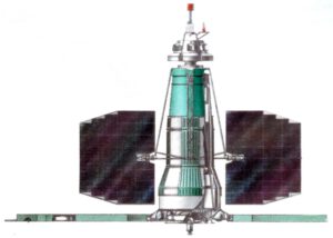 Ilustrace sovětské družice založené na platformě Celina-D. Stejná byla použita pro Kosmos-1408. 