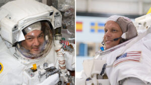 Kjell Lindgren (vlevo) a Bob Hines (vpravo) poletí na misi Crew-4).