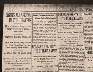 "Einsteinova teorie triumfuje" - Titulní strana New York Times z 10. listopadu 1919