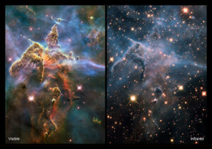 Oba snímky mlhoviny Carina pořídil Hubbleův teleskop. Ten vlevo je ve viditelné části spektra, ten vpravo pak v infračervené. Právě infračervený snímek ukazuje mnmohem více hvězd, které ve viditelné části nebyly vidět.