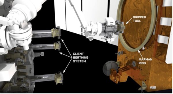 Podrobný pohled na systém CBS (client berthing system), záchytný mechanismus robotické paže, ale i tzv. marman ring.