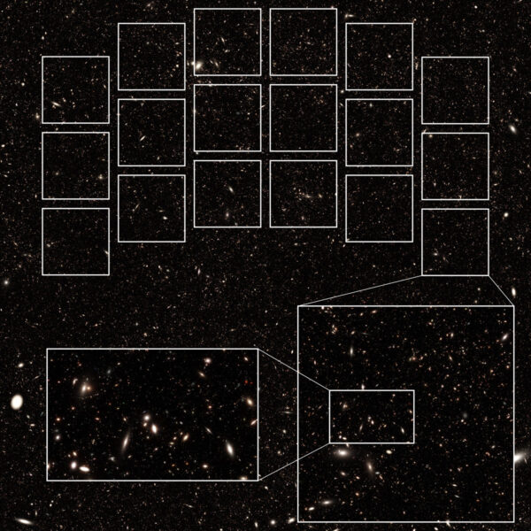 Tento počítačem vytvořený simulovaný snímek představuje, jak by mohlo vypadat ultrahluboké pole Nancy Grace Roman Space Telescope. Osmnáct čtverců v horní části obrázku vymezuje oblast, kterou teleskop uvidí při jediném pozorování. Čtverec vložený v pravém dolním rohu zvětšuje jeden z těchto čtverců a v levém dolním rohu najdeme jeho zvětšený výřez. Snímek, který obsahuje více než 10 milionů galaxií, byl vytvořen na základě simulace, která pracovala s realistickým rozložením galaxií ve vesmíru. Nancy Grace Roman Space Telescope bude moci nahlédnout do více než 13 miliard let kosmické historie, která sahá až do doby, kdy byl vesmír starý jen asi půl miliardy let. Takto vzdálené galaxie jsou však mimořádně slabé, takže by se teleskop musel dívat na jedno místo několik dní, aby nasbíral dostatek světla. Široké zorné pole poskytne neuvěřitelné množství dat a pomůže astronomům najít vzácné objekty z éry reionizace. Velká oblast, kterou bude Nancy Grace Roman Space Telescope pozorovat, také ukáže rozdíly ve vlastnostech galaxií v závislosti na jejich okolním prostředí, což astronomům umožní lépe pochopit, jak se formovaly první galaxie.