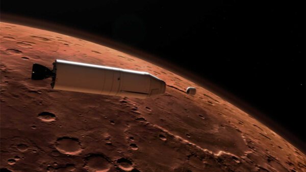 艺术印象 - MAV 火箭将一个装有岩石和大气样本的太空舱运送到火星轨道。