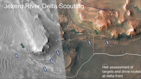 Možné trasy budoucího průzkumu delty řeky v kráteru Jezero Zdroj: NASA/MEPAG