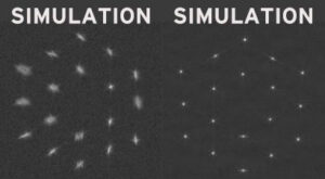 Vlevo: Simulace původního stavu pole snímků. Vpravo: Simulace 18 korigovaných snímků.