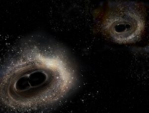 Umělecké srovnání černých děr z gravitační události GW150914 (vlevo) a GW151222 (vpravo).
