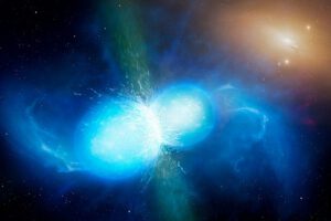 Umělecká představa srážky neutronových hvězd.
