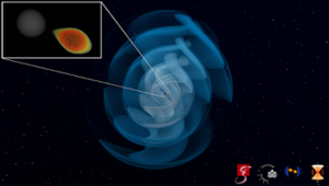 Obrázek z numerické simulace ukazující vzájemnou interakci černé díry a neutronové hvězdy.