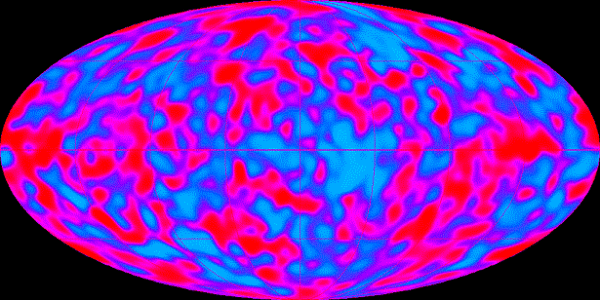 Mapa fluktuací reliktního záření podle sondy COBE, která představuje jeden z nejvýznamnějších obrázků v historii fyziky. Ve skutečnosti ale vypadá reliktní záření při teplotě 2,72 K zcela izotropně a tyto odchylky se projeví až když přejdeme na úroveň mikrokelvinů.