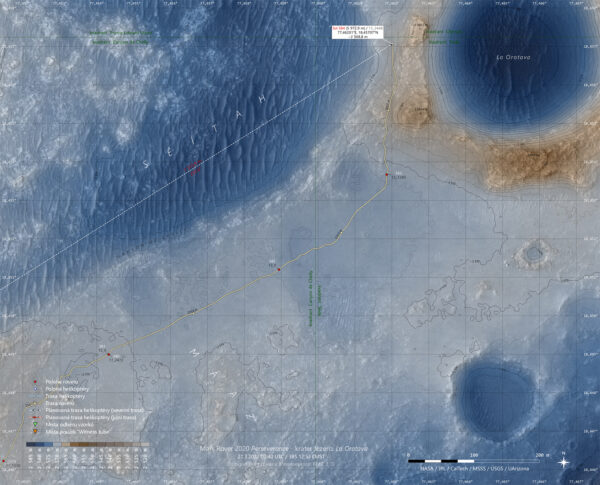 Mapa přesunů roveru k solu 384. V té době projížděl kolem kráteru La Orotava a denně zdolal 200 až 300 metrů dlouhé úseky. Zdroj: NASA/JPL-Caltech/MSSS/Univ of Arizona/USGS/Jan Vacek, zdroj: space.winsoft.cz