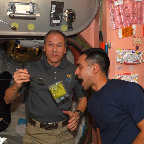 Raja Chari ke snímku uveřejněnému 11. února 2022 připsal, že připomíná Týden vesmírných žraloků na ISS - přežije ten nejsilnější. Jak zjistil Thomas Marshburn (na snímku vlevo), chytat volně poletující jídlo je fajn hra. Raja dodává, že vědci z Johnsonova střediska NASA pečlivě sledují jejich příjem potravy, aby mohli studovat, jak to, co jí, ovlivňuje vše od krevních buněk až po střevní biom astronautů. Zdroj: flickr.com