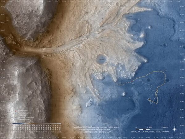 Sol 407, přehledová mapa trasy jízdy Perseverance a letů Ingenuity. Zdroj: NASA/JPL-Caltech/MSSS/Univ. of Arizona/USGS/Jan Vacek, space.winsoft.cz