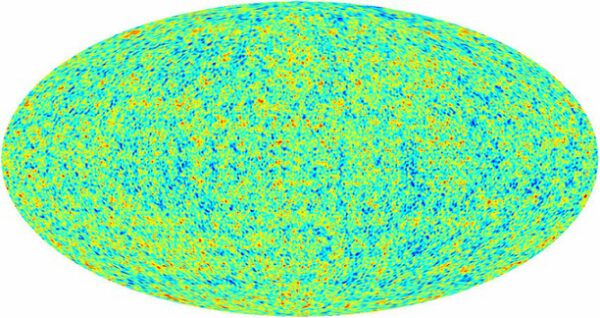 Numerická simulace rozložení teplotních fluktuací reliktního záření ve vesmíru, který by měl celkovou velikost pouhé poloviny našeho pozorovatelného vesmíru.
