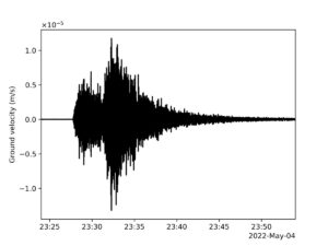 Seismogram zachycující zatím nejsilěnšjí zaznamenané marsotřesení. Chvění zachytil 4. května 2022 přístroj SEIS, který je součástí landeru InSight.