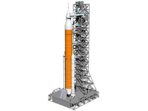Vizualizace rakety SLS Block 1B na mobilní plošině ML-2