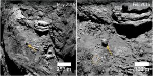 Levý snímek povrchu komety 67P/Čurjumov-Gerasimenko byl pořízen kamerou OSIRIS před průletem perihelem, pravý po něm.