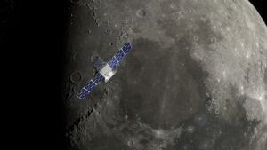 Vizualizace CubeSatu CAPSTONE u Měsíce.