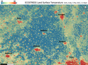 Přístroj ECOSTRESS na tomto snímku ukazuje, že se teploty v době kolem půlnoci výrazně liší podle toho, zda jsou měřeny na venkově nebo ve městech.