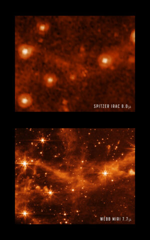 Srovnání snímků ze Spitzerova teleskopu (nahoře) a JWST (dole) na vlnových délkách kolem 8 mikrometrů.