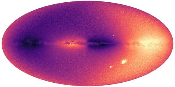 Mapa ukazující radiální rychlost více než 33 milionů objektů (většinou hvězd). Ve světlých oblastech se hvězdy pohybují od nás, v tmavých naopak k nám. Povšimněte si prosím několik objektů, které se vymykají z normy. Zejména to jsou dva výrazné světlé body v pravé dolní části mapy. To jsou dvě sousední galaxie - Magellanovy oblaky.
