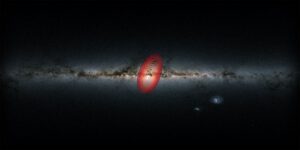 Červené kružnice vyznačují přibližný rozsah oblasti v níž se nachází hvězdy patřící dříve do cizí galaxie. Jedná se o satelitní trpasličí galaxii známou jako Herákles. Ta možná vypadala podobně jako Velký a Malý Magellanův oblak, které jsou vidět vpravo pod rovinou Mléčné dráhy.