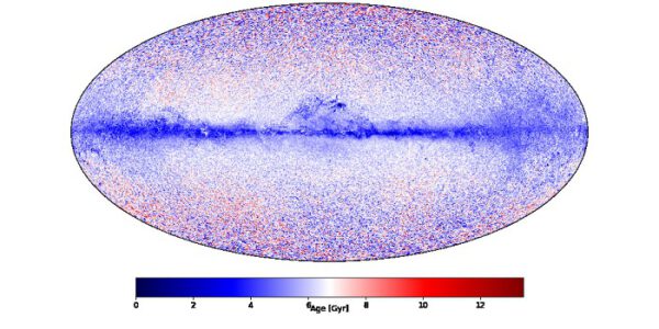 Mapa ukazující stáří hvězd v naší Galaxii. Červeně jsou vyznačeny staré hvězdy, modře naopak hvězdy mladé. Pro potřeby tohoto obrázku bylo náhodně vybráno 10 milionů hvězd.