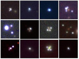 Několik kvasarů zachycených observatoří Gaia jakožto čočkované objekty v gravitačních čočkách. 