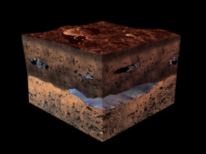 Umělecká představa podpovrchového vodního ložiska na Marsu.